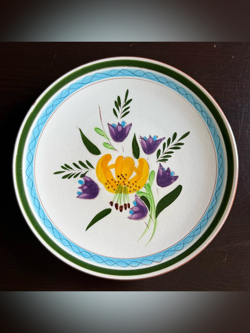 STANGL Hand-Painted Country Garden 8” Ceramic Plate in Yellow, Purple & Green